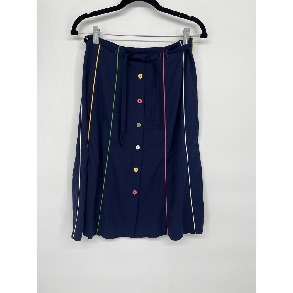 Vtg 1980's Sanibel Sport Women's Size 12 Navy Striped Skirt Pastel Buttons Belt